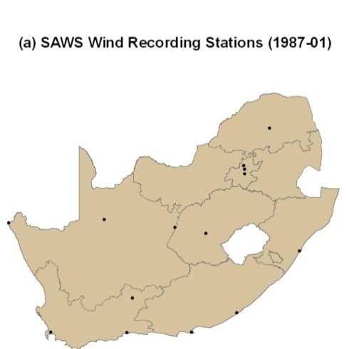 6 th European and African Conference on Wind Engineering 2 Figure 1: Spatial distribution of SAWS weather station network in a)1987 and b) 2007 3.