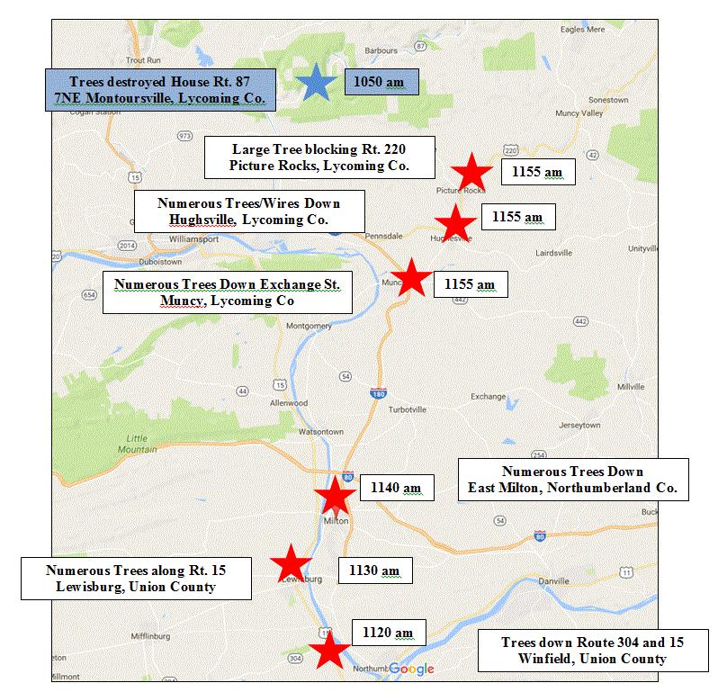 Figure 14. Locations of tree and power line damage received from 911 Centers on 5 May 2017.