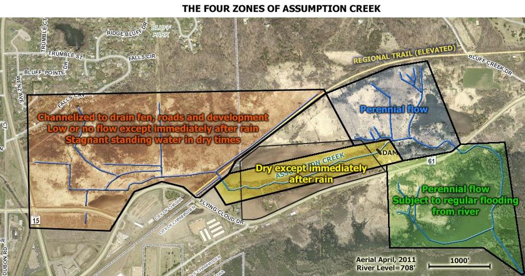 Figure 2 shows a combined aerial photo/diagram of Assumption Creek, which continues south from the lower right corner until it reaches the Minnesota River.
