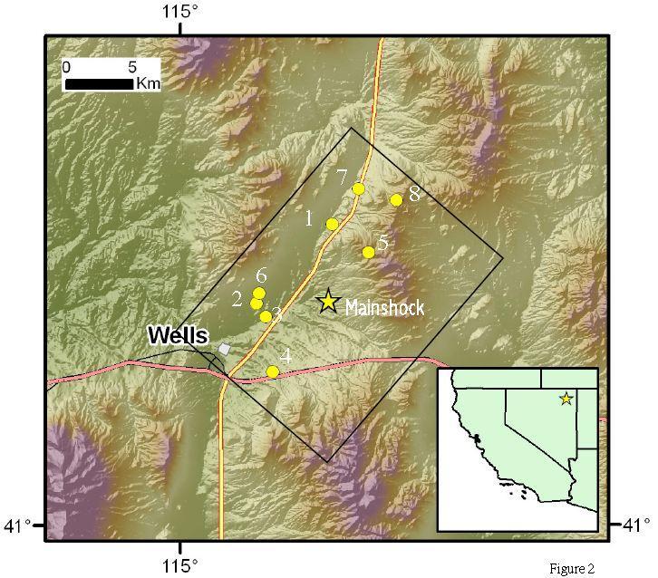 Figure 2. Location of the 2008 Wells earthquake epicenter (star) and the eight aftershocks (circles) used as EGFs by Mendoza and Hartzell (2009).