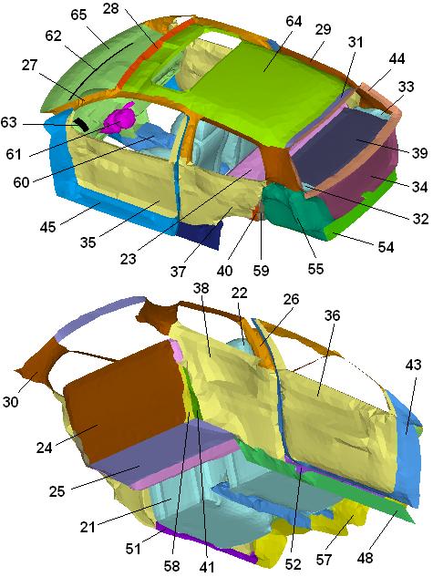 Geometria auta je rozdelená na 6 častí (obr. 10). Jednotlivým častiam boli priradené príslušné materiály (tab. 6).