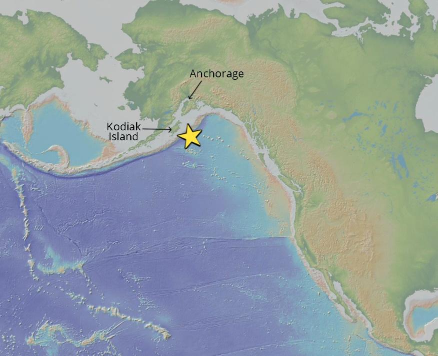 A magnitude 7.9 earthquake occurred at 12:31 am local time 181 miles southeast of Kodiak at a depth of 25 km (15.5 miles). There are no immediate reports of damage or fatalities.