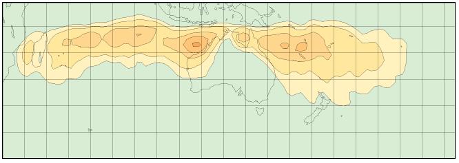 Average annual number of tropical cyclones per year in the Southern Hemisphere in an area 2 x 2 over