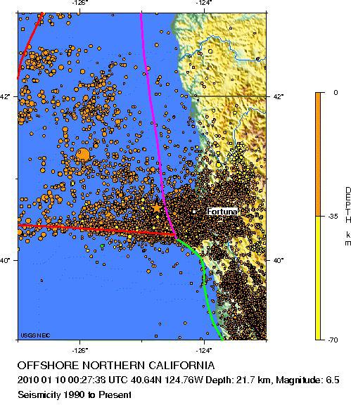 Earthquake and Historical Seismicity This earthquake (star), plotted here with regional historical seismicity, occurred in a deformation zone of the southernmost Juan de Fuca plate (off the coast of