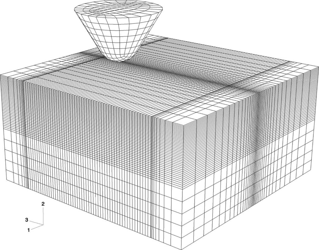 Fig. 3 Finite element mesh used for scratch and indentation simulations ABAQUS/EXPLICITV6.4.