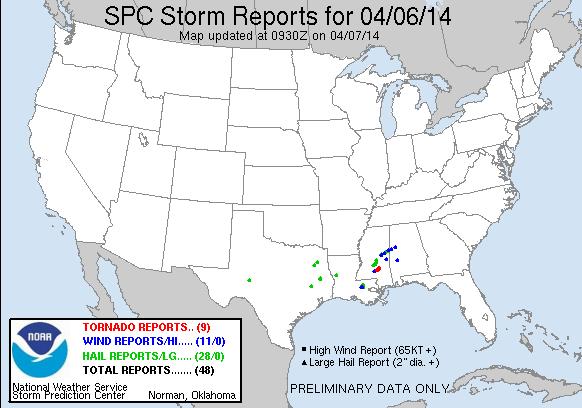 Severe Weather Gulf Coast Situation - April 6-7, 2014 Overnight, severe thunderstorms moved across the Southern U.S. and Central Gulf Coast Heavy rain, strong winds, large hail and several