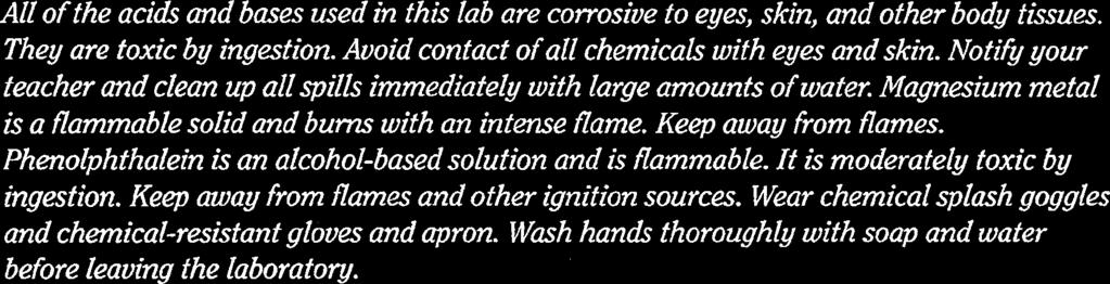 Page 3 - Safety Precautions All of the acids and bases used in this lab are corrosive to eyes, skin, and other body tissues. They are toxic by ingestion.