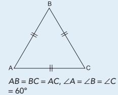 (iii) Equilateral triangle A triangle in which all the three sides are equal is called an equilateral triangle. In this triangle, each angle is congruent and equal to 60.