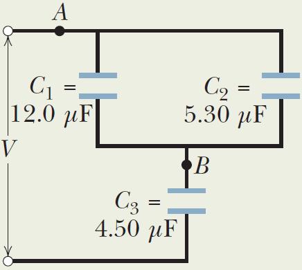 4. Capacitors in Parallel and in Series Example 1: (a) Find the equivalent capacitance for the combination of capacitances shown in the figure, across which potential difference V is applied.