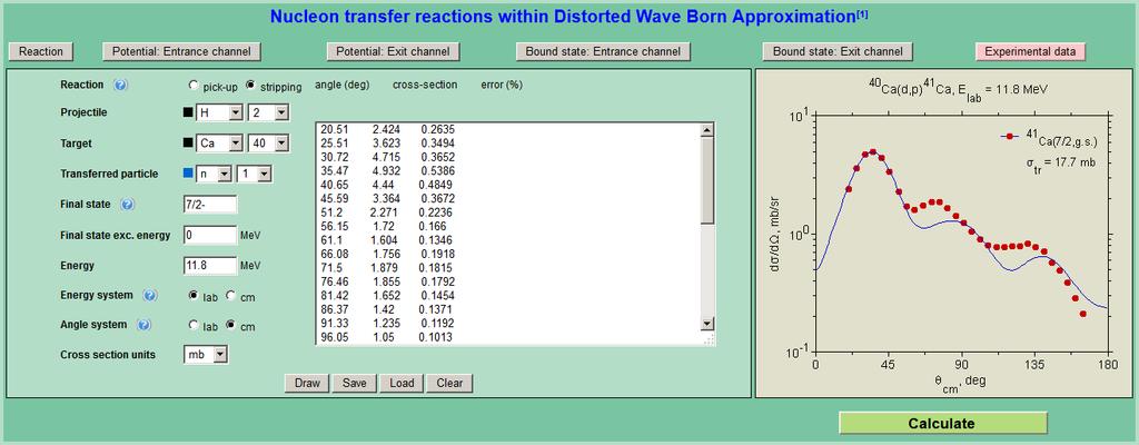 8 Figure 6. N R V web dialog allowing to enter the experimental data for the transfer reaction. collision energy and the scattering angle may be entered either in lab. or c.m. system.