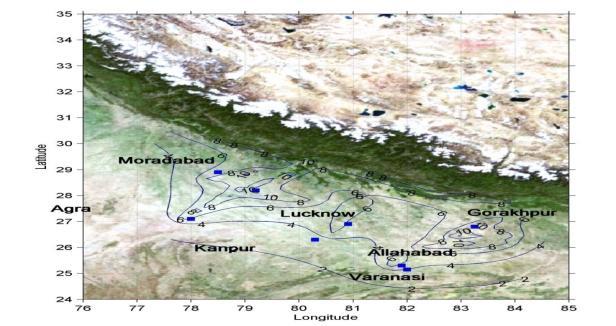 Figure 4(i): Seismic hazard curves at the cities of Uttar Pradesh at rock level (5% damping) for Ghaziabad PGA contours The seismic hazard maps of Uttar Pradesh for return periods of 100, 500, and
