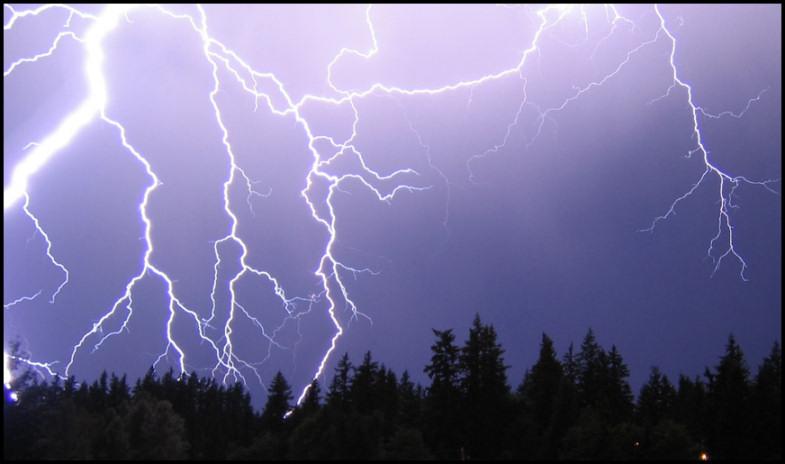 Lightning is an electric current produced by a thunderstorm. High in the thundercloud, many small bits of ice (frozen raindrops) bump into each other as they move around in the air.
