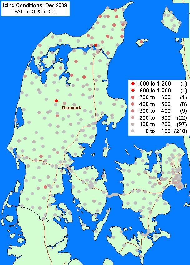 Figure 5B : Spatial distribution of occurrences of the conditions leading to icing on the roads for the red alert situations (RA1) observed at the Danish road stations during (left) December 2008 and