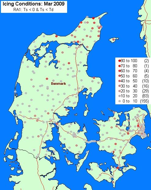 Figure 5C : Spatial distribution of occurrences of the conditions leading to icing on the roads for the red alert situations (RA1) observed at the Danish road stations during (left) February 2009 and