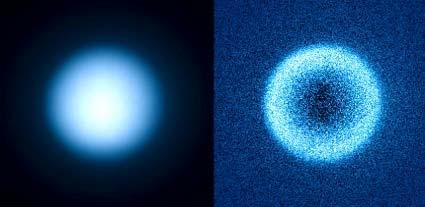 The infrared image (left) shows details of the moon's surface, which would be totally blurred and unresolved without correction by adaptive optics. Titan is Saturn's largest moon (around 1.