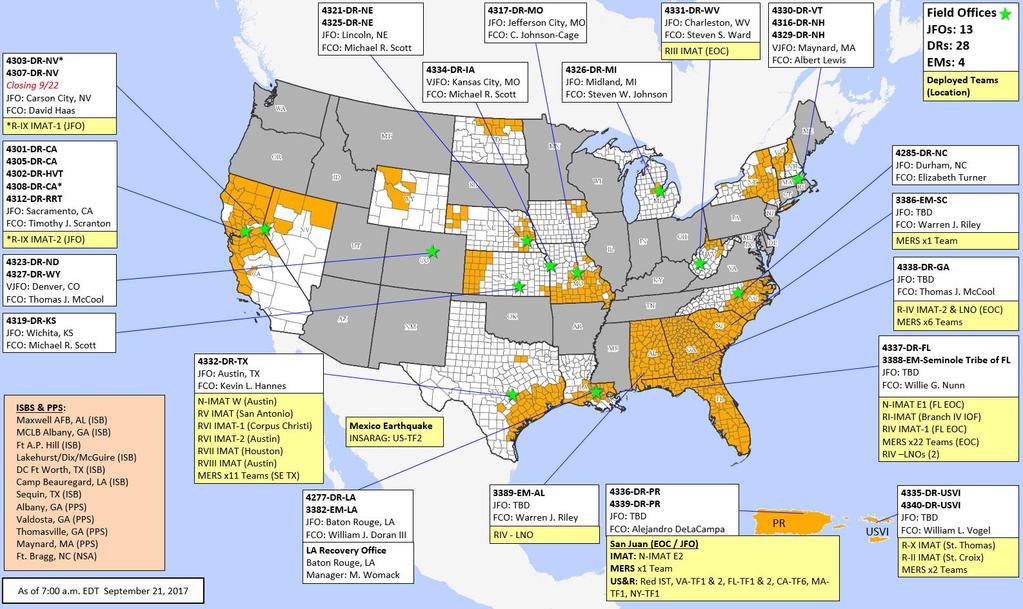 Readiness Deployable Teams and Assets Resource National IMATs* (0 Teams) Regional IMATs (0-3 Teams) US&R (33-65%) MERS ( 33%) FCO ( 1 Type I) FDRC (2) East 1: East 2: Force Strength Deployed Deployed
