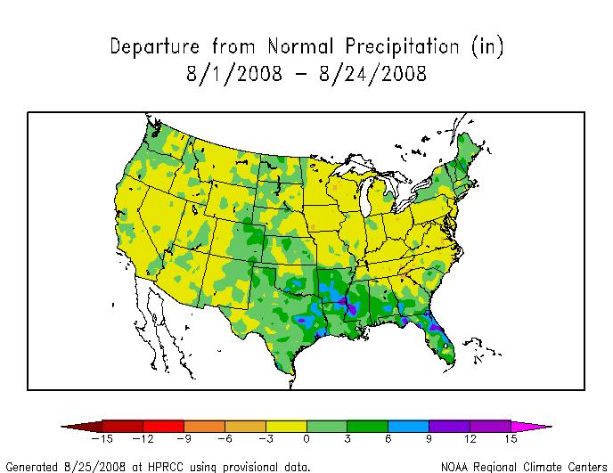 Dry conditions dominated both the Eastern and Western sectors of the United States during August 2008.
