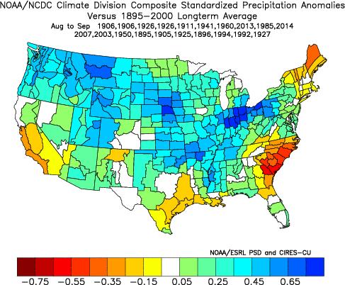 August and September forecast using composite temperature and precipitation anomalies for analog years.