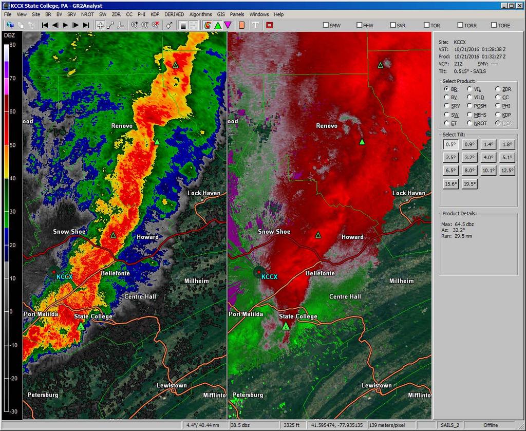 Figure 9a. KCCX radar at 0128 UTC showing the base reflectivity (right) and base velocity (left). Key features relate to the text.