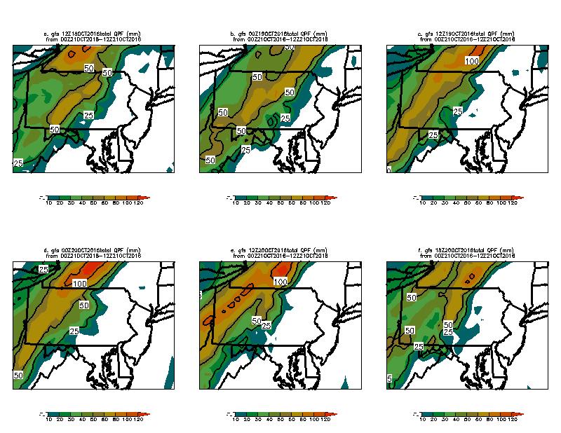 Figure 13. NCEP GFS forecasts of QPF for the 12 hour window from 0000 to 1200 UTC 21 October 2016.