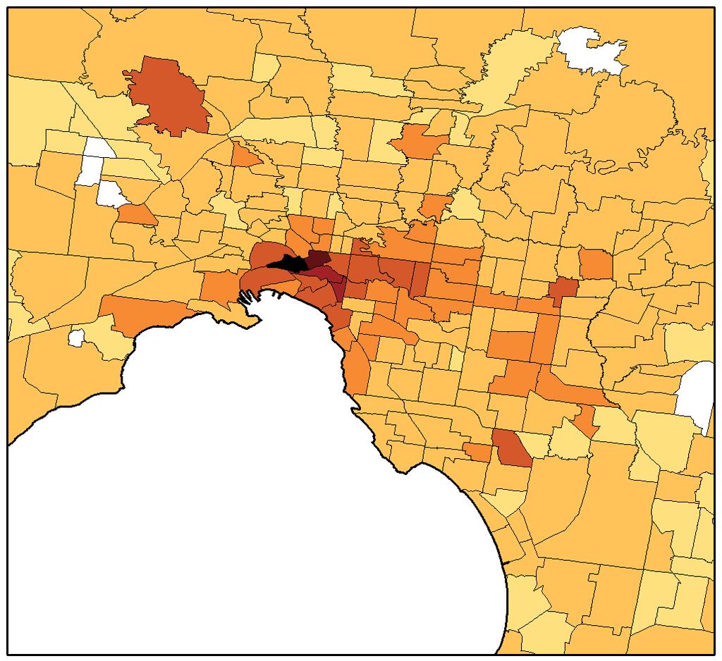 The Melbourne economy is highly centralised except Caulfield and the airport Economic activity per working hour, 2011-12, Melbourne Airport: $63 >$90 $80-90 $70-80