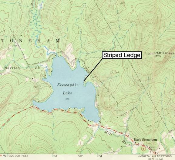 From USGS "Striped Ledge" on Keewaydin Lake Introduction A couple of years ago the author of this Web page was doing some geologic mapping in the East Stoneham area in western Maine and came across