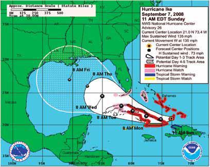 Tropical Cyclone Graphical Products Track Forecast Cone and Watches/Warning This graphic shows coastal areas under a hurricane warning (red), hurricane watch (pink), tropical storm warning (blue),