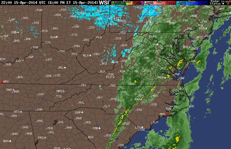 This next image shows the latest surface map as of 6:00 PM. We can see the stalled front were slow moving cold front cutting through Western North Carolina... western Virginia.