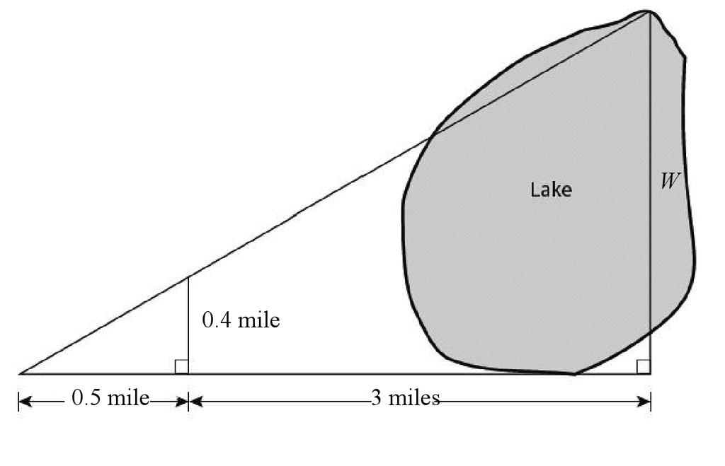 Name: 8. What is the width, w, of the lake shown below? a. 2.5 miles c. 2.4 miles b. 2.8 miles d. 3.5 miles 9. Solve the right triangle below.