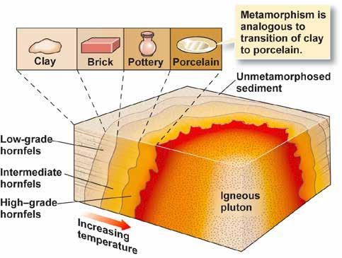 Thermal (Contact) Metamorphism Due to heat from magma invading host rock. Creates zoned bands of alteration in host rock.