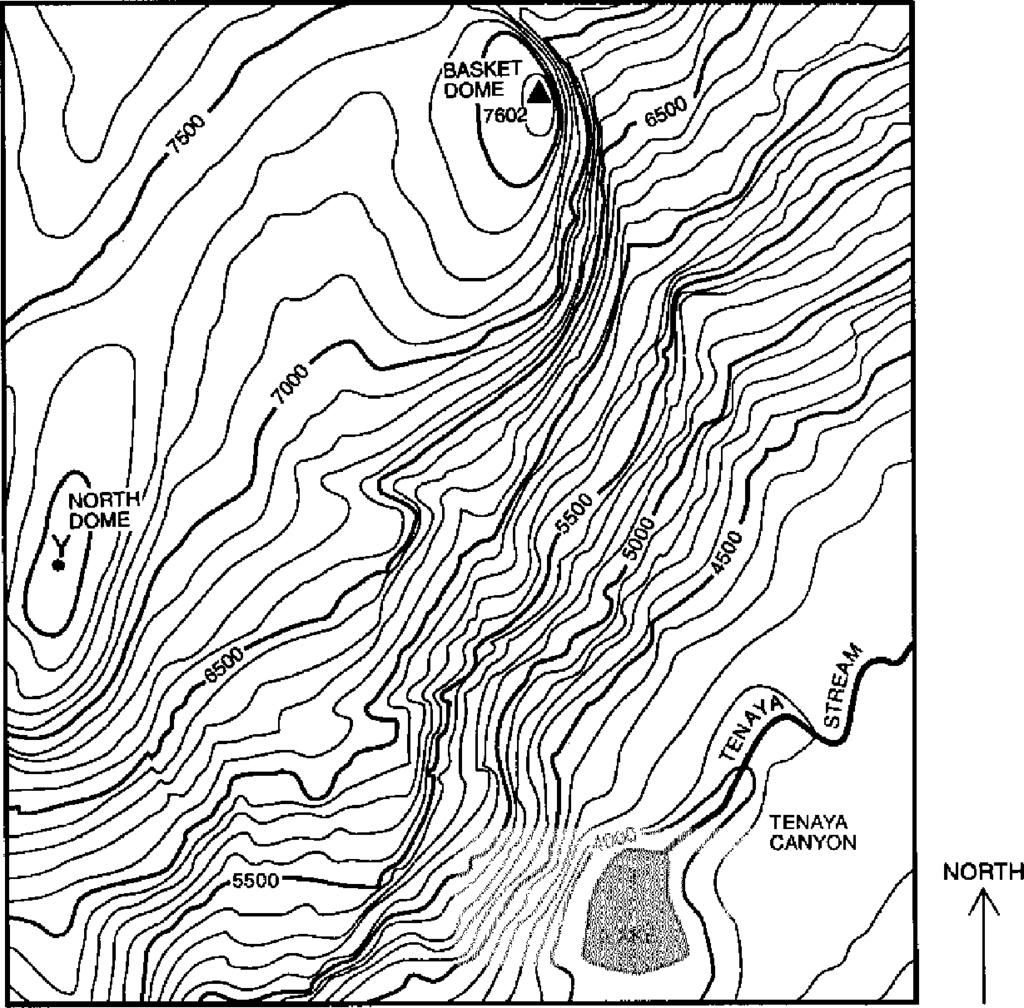 Base your answer(s) to the following question(s) on the contour map below. Elevations are expressed in feet. The indicates the exact elevation of the top of Basket Dome.
