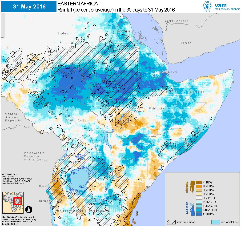 May 2016 May 2016 rainfall as a percentage of the 20-year average (left). Brown shades for drier than average, blue shades for wetter than average conditions.