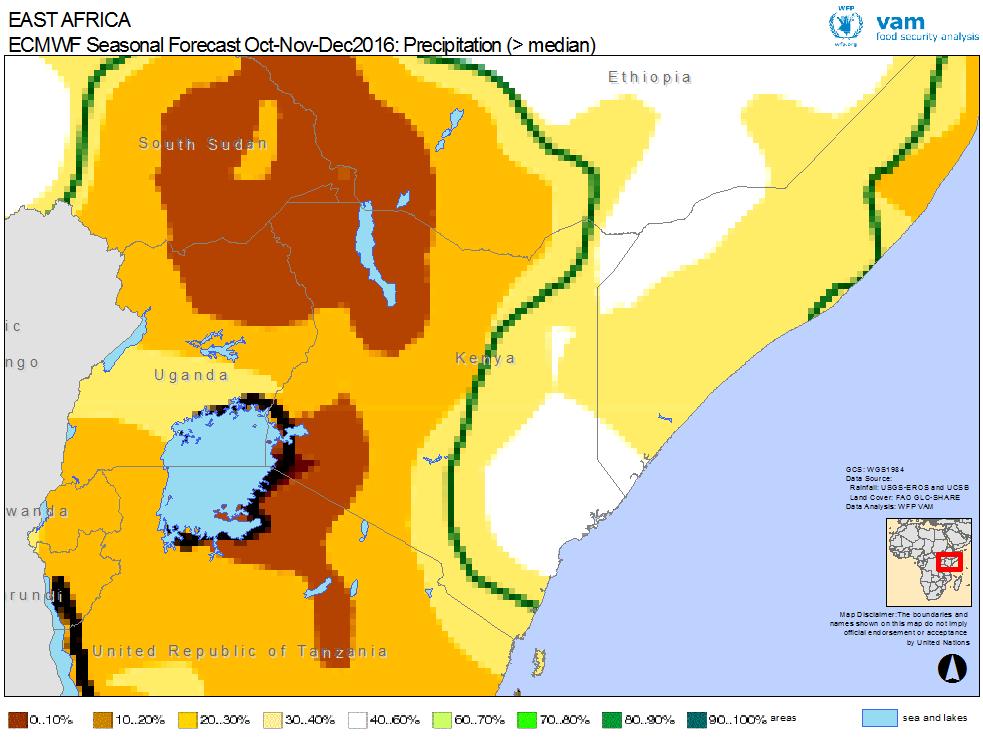 Blues for wetter than average, orange and browns for below average conditions August-September: UGANDA, TANZANIA Poor rainfall in early 2016 coupled with pronounced dryness since July led to poor