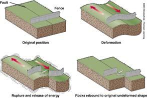 Rupture occurs and the rocks quickly rebound to an