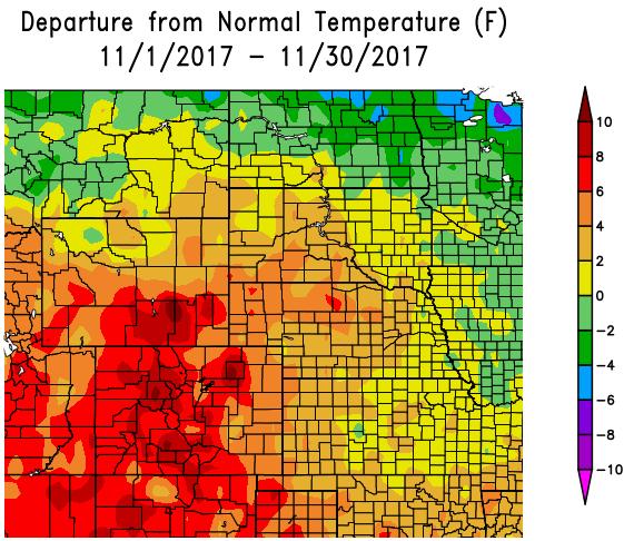 Figure 5. November 2017 and September-October-November 2017 Departure from Normal Temperature (deg F). Source: High Plains Regional Climate Center, http://www.hprcc.unl.edu/.