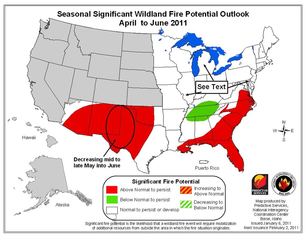 Significant Fire Potential Forecasts (February March and April June, 2011) The left map below shows the significant fire potential forecast for the Eastern, Southern and Southwest Geographic Areas