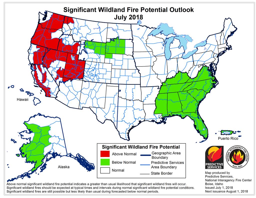 The National Interagency Fire Center is also predicting Near Normal fire potential during the month of July (see image below), as opposed to the above normal activity that was correctly predicted
