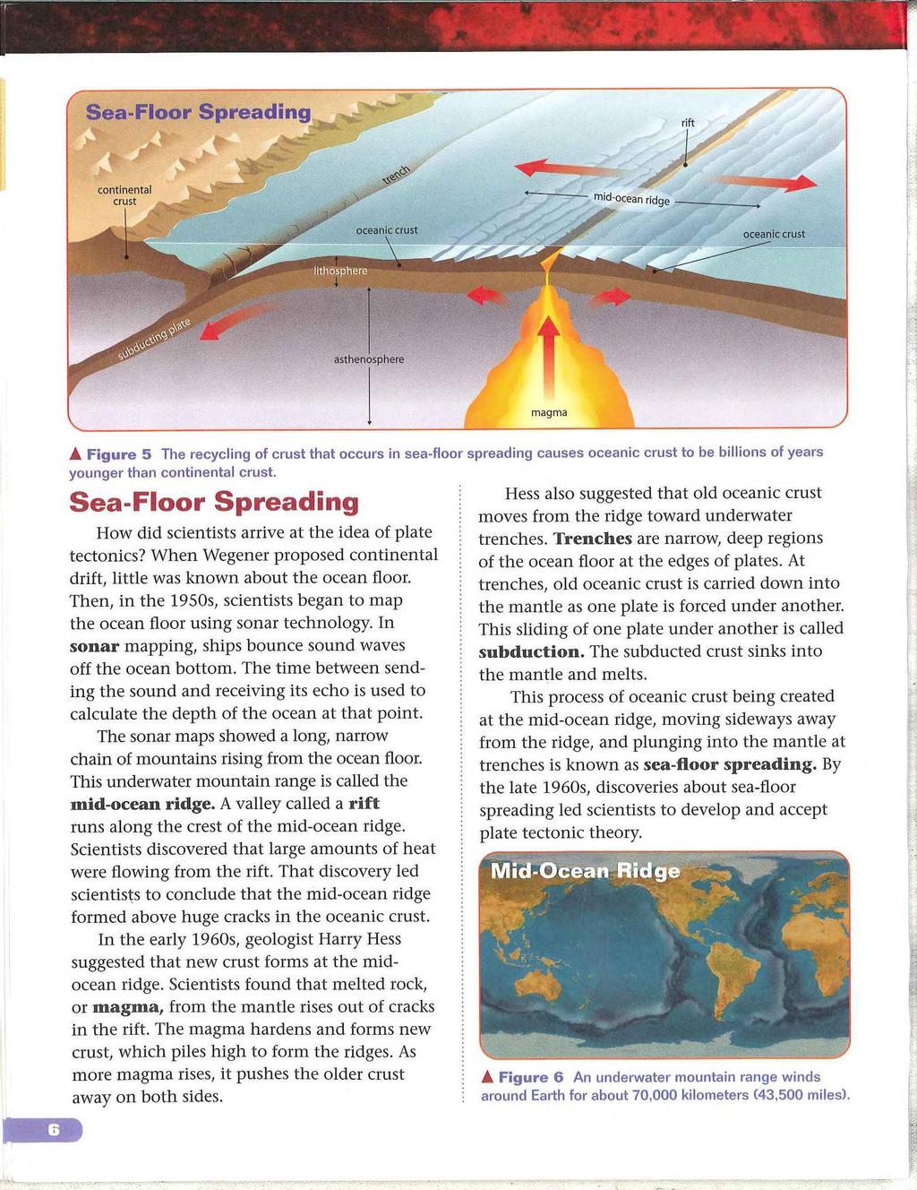 Figure 5 The recycling of crust that occurs in sea-floor spreading causes oceanic crust to be billions of years younger than continental crust.