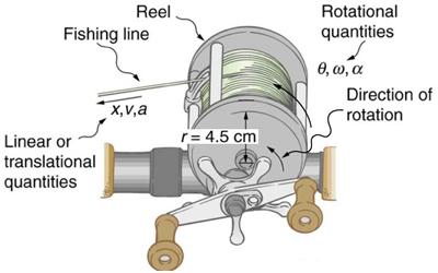 16 CHAPTER 3. 8.3 - REVISIT KINEMATICS OF ROTATIONAL MOTION Figure 3.1: Fishing line coming o a rotating reel moves linearly. Example 3.