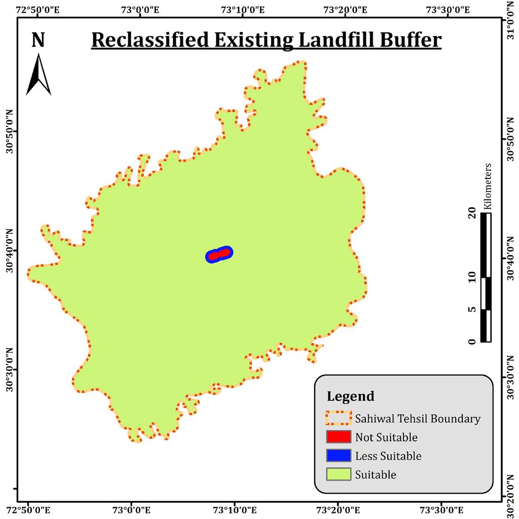 on the environment and residents of the city, so these lands are considered as suitable for LFS development as shown in Figure 7 and Figure 8 shows Reclassified Bare and Agricultural Land Buffer