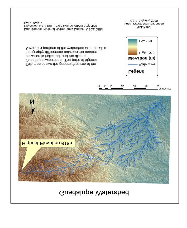 2. Layout with a depiction of topography either with contours or hillshade in nice colors. Include the streams from NHD. Mark your point of highest elevation and indicate its elevation.