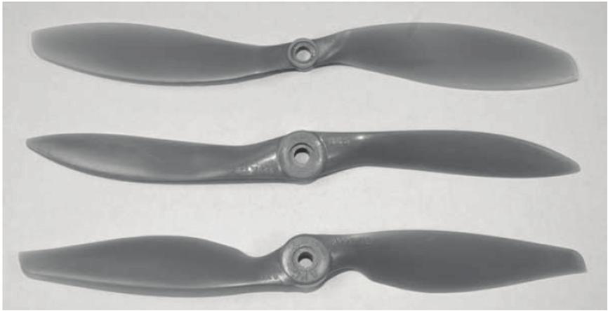 Figure 1. APC Slow Flyer (top), Sport (middle) and Thin Electric (bottom) propellers. capacity of 10 lb (44.5 N). Figure 2 shows the propeller test setup in the normal working state.