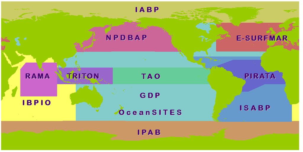 Regional Action Groups: E-SURFMAR: EUCOS Surface Marine Programme IABP: International Arctic Buoy Programme IBPIO: International Buoy Programme for the Indian Ocean Global Action Groups (not shown on