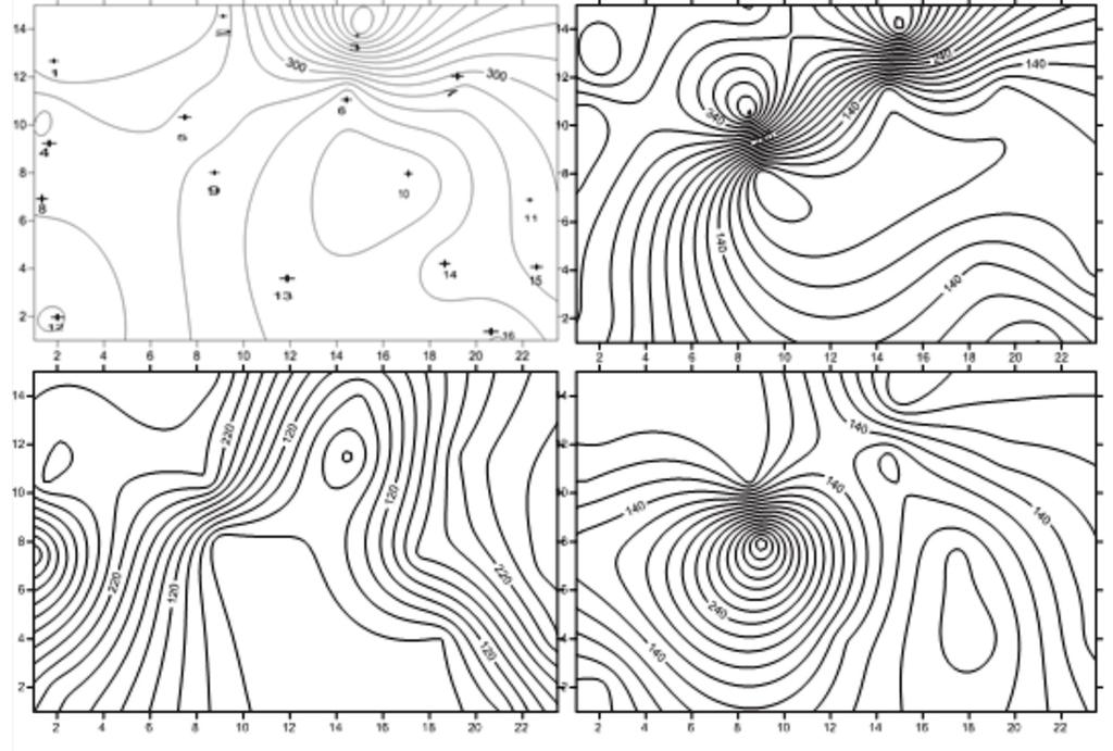 206 Journal of Agricultural Physics [Vol. 13 Fig. 2. Iso-resisitivity contours of geoelectric layers for depth range (m) below ground level (1) 2-7.1, (2) 4.5-16.9, (3) 7.5-27 and (4) >11.