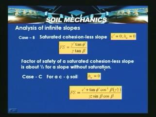 (Refer Slide Time: 10:18) This indicates that factor of safety of a saturated cohesion less slope is about half for a slope without saturation.