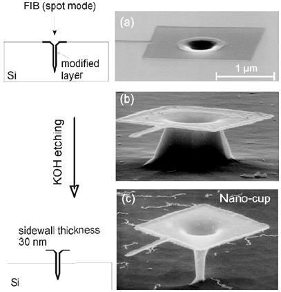 FIB implantation and pattern transfer: results Nano-cup by extending vertical FIB milling