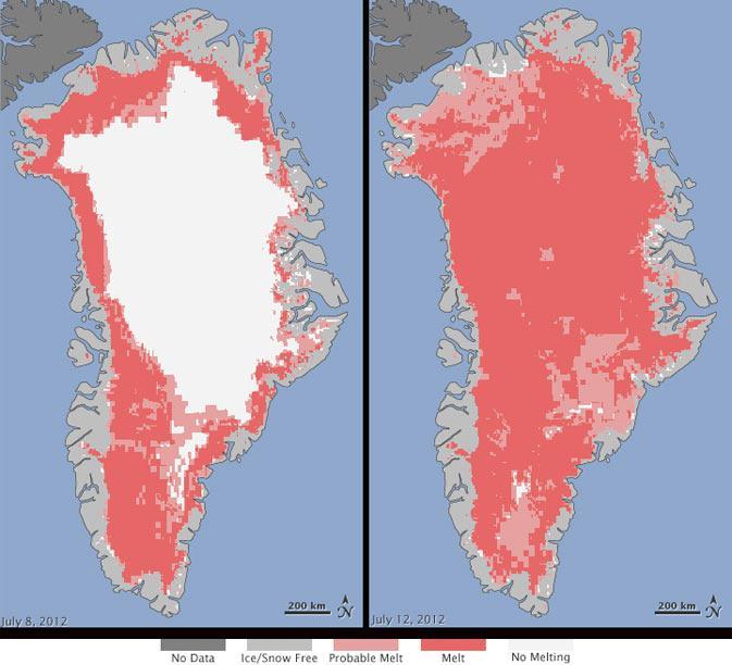 Early July 2012: 97% of the ice sheet had experienced surface melt July 8,