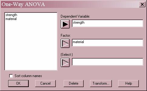 Data Input The data input dialog expects requests the names of the columns containing the measurements Y and the levels of the factor X: Data: numeric column containing the n observations for Y.