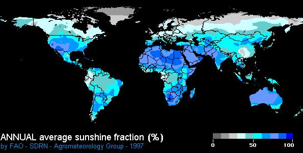 Figure 14: World map of annual average sunshine fraction provided by FAO. The raw data used to generate this map is a giant grid spanning all points on the surface of the earth.