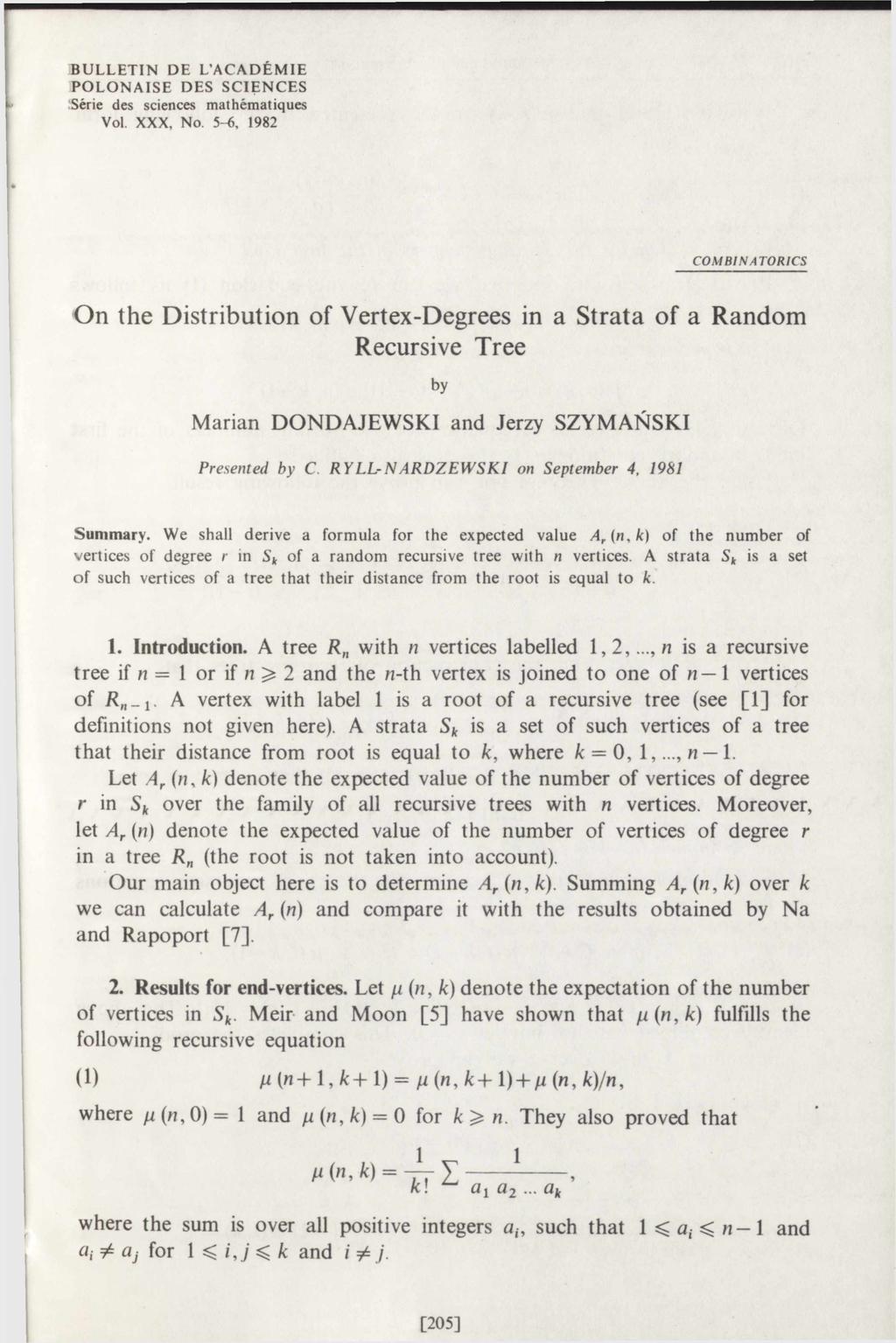 BULLETIN DE L ACADÉMIE POLONAISE DES SCIENCES Série des sciences mathématiques Vol. XXX, No.